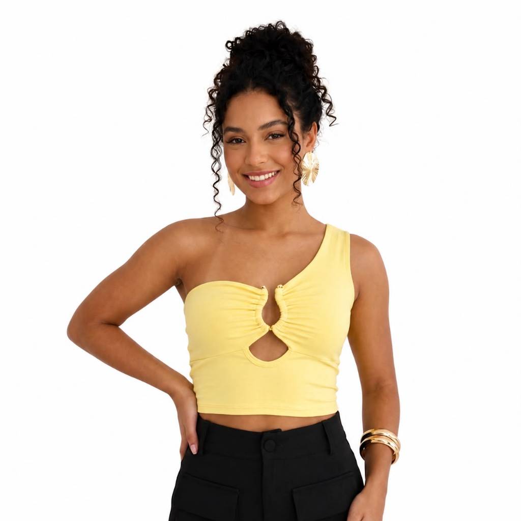 Cropped Feminino Um Ombro Só Suplex Argola Blusa Moda Blogueira Festa Casual Elegante