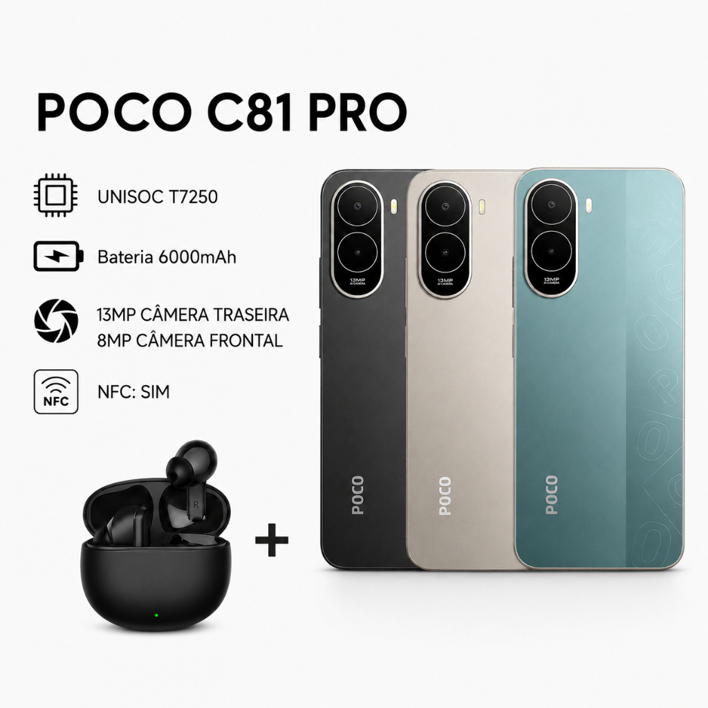 Xiaomi Poco C81 PRO 4G+Realme Techlife Buds, Versão Global, Processador UNISOC T