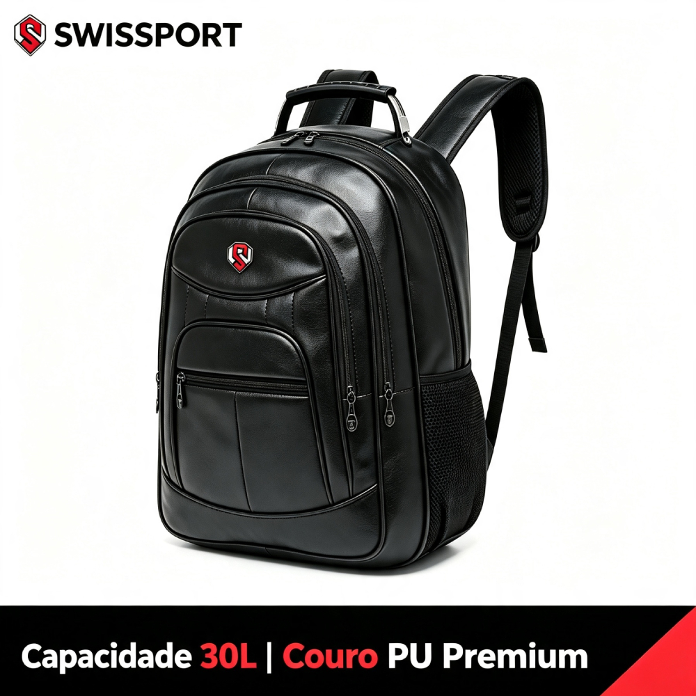 Mochila Executiva Reforçada Swissport 30L Couro PU Premium Notebook Escritório