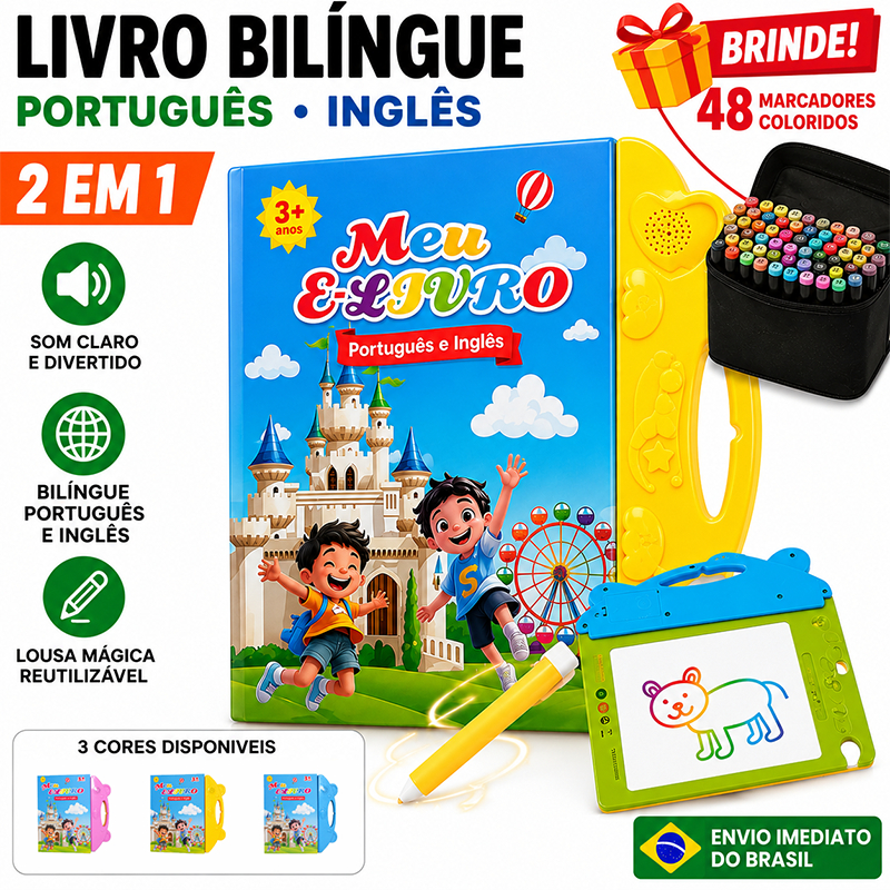 2 em 1 Livro Interativo com Som Infantil Bilíngue Português Inglês Lousa Mágica Reutilizável Brinquedo Educativo