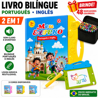 2 em 1 Livro Interativo com Som Infantil Bilíngue Português Inglês Lousa Mágica Reutilizá…