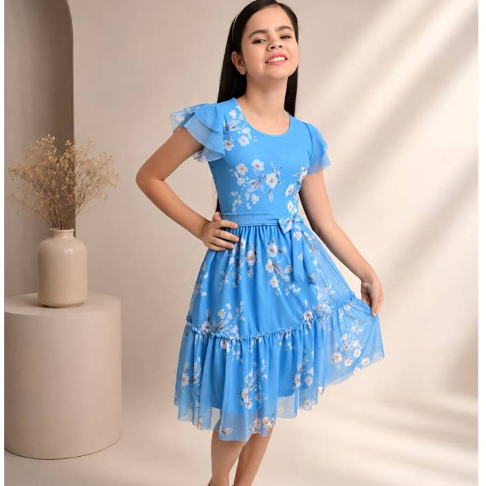 Vestido Juvenil Infantil Luxo Estampado Alta Qualidade Princesa Jovial Social Festa com Cinto