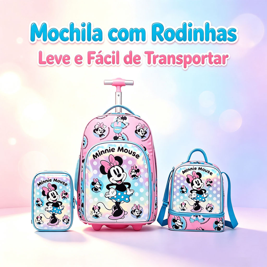 Kit Mochila Rodinhas Minnie Escolar Infantil Feminina Disney