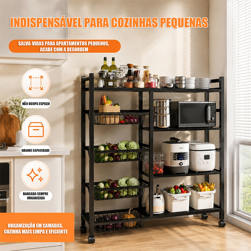 Carrinho Prateleira Organizador Fruteira 135x120x32 Com Rodinhas Multiuso 4 Andares para Cozinha