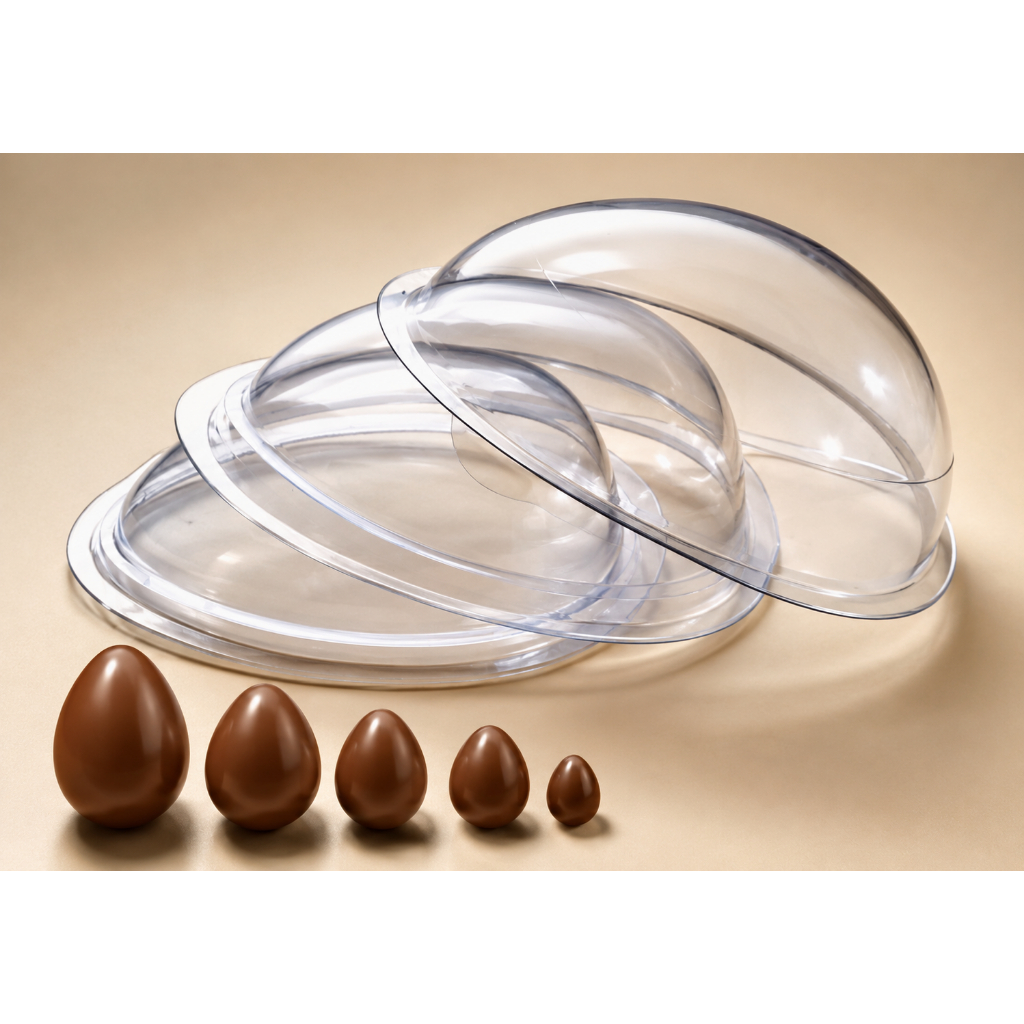 Forma Ovo de Páscoa Acetato e Silicone Kit 5 Tamanhos 150g 250g 350g 500g 750g Chocolate
