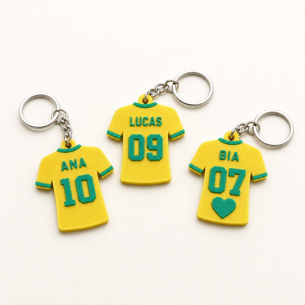 Chaveiro Camisa de Futebol Verde e Amarela Personalizado com Nome e Número – Impressão 3D – 1 Unidade