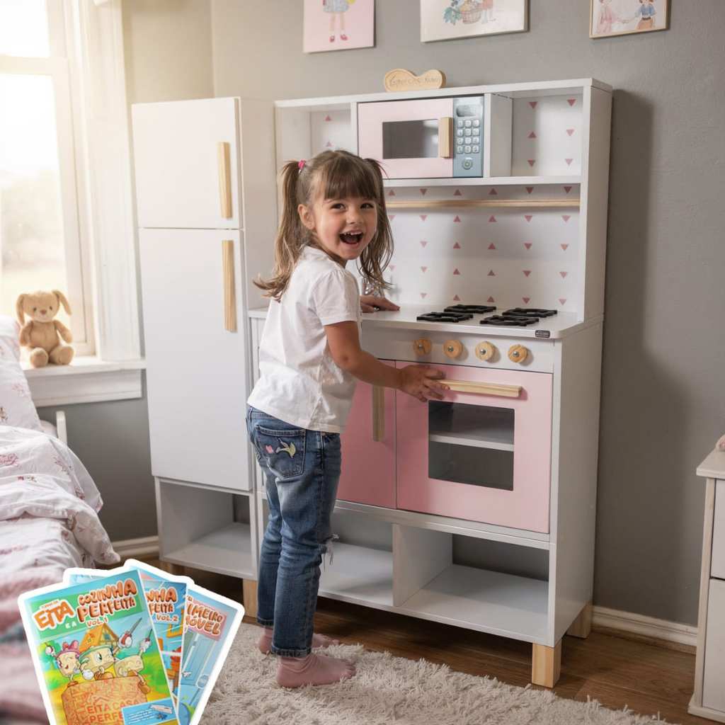 Cozinha Infantil Geladeira Módulo Crescer Madeira Rosa Bebê Faz de Conta Kit Livro Educativo