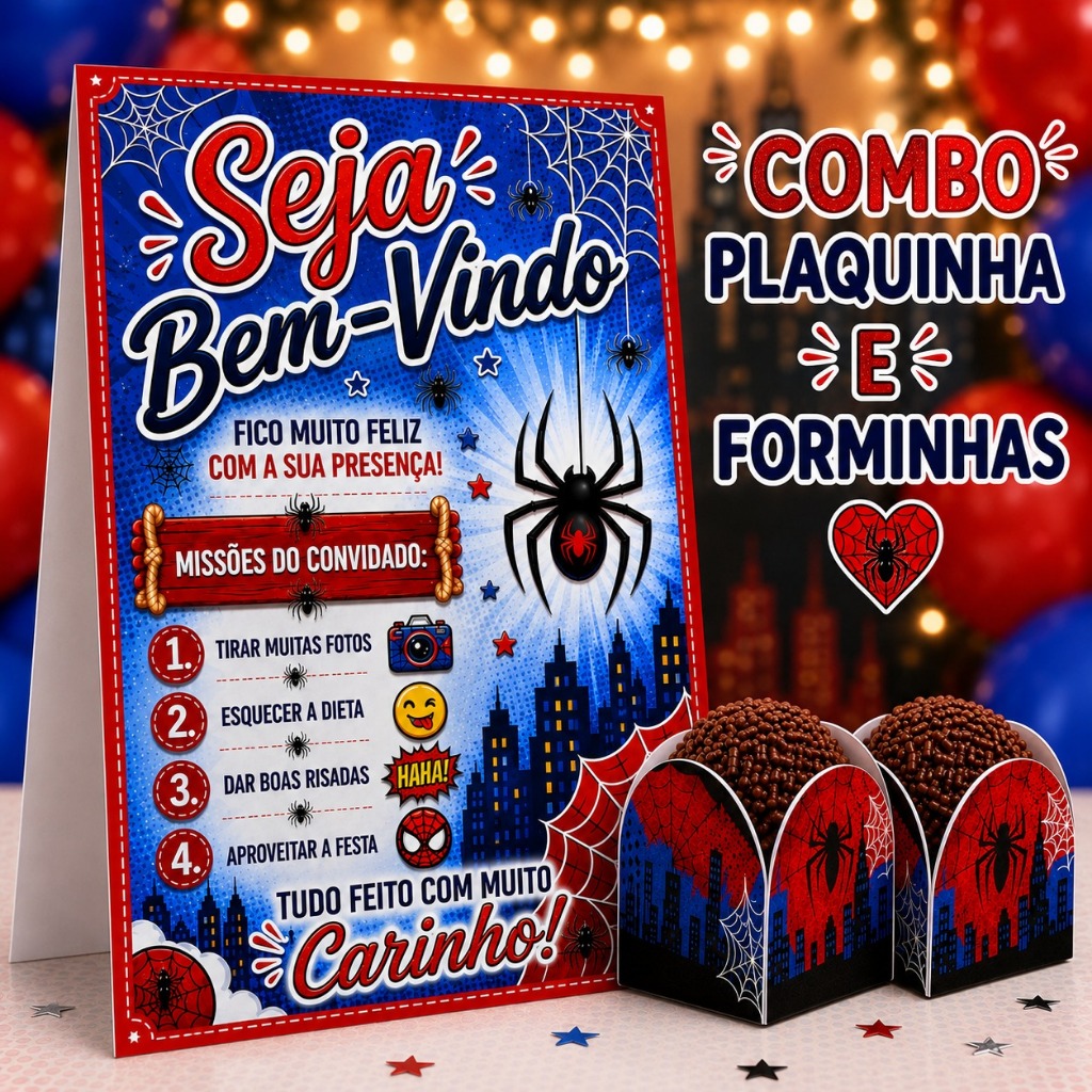 HOMEM ARANHA COMBO Plaquinha de Mesa e Forminhas Festa infantil Doces - Centro de Mesa Aniversario