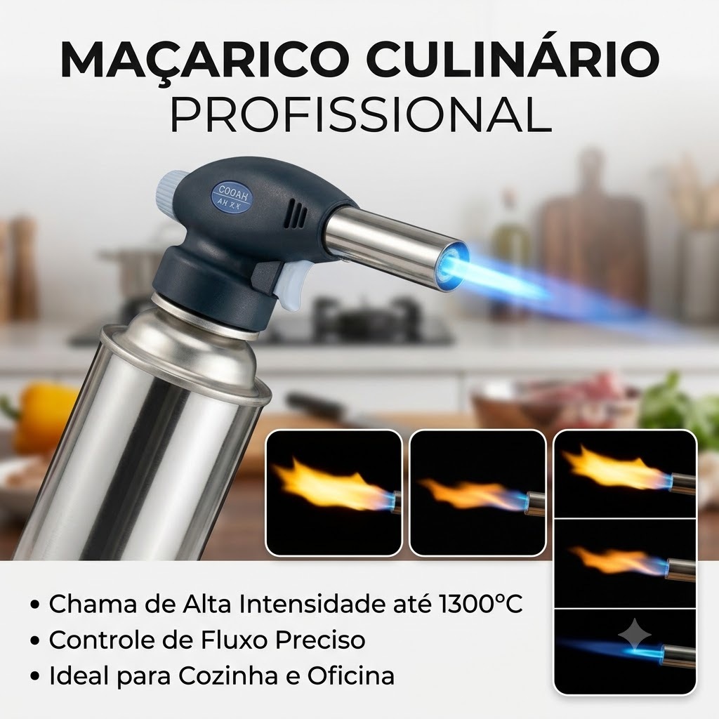 Maçarico Culinário Profissional Portátil 1300°C Chama Regulável Acendimento Automático Confeitaria Culinária Artesanato