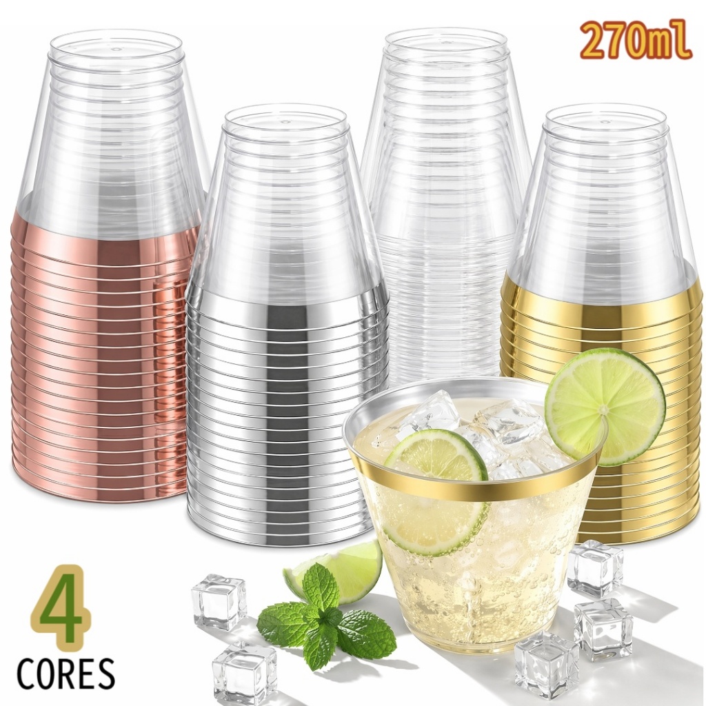 Copos 270ml descartáveis de plástico cores metálico e elegante para festas, casamento e aniversário