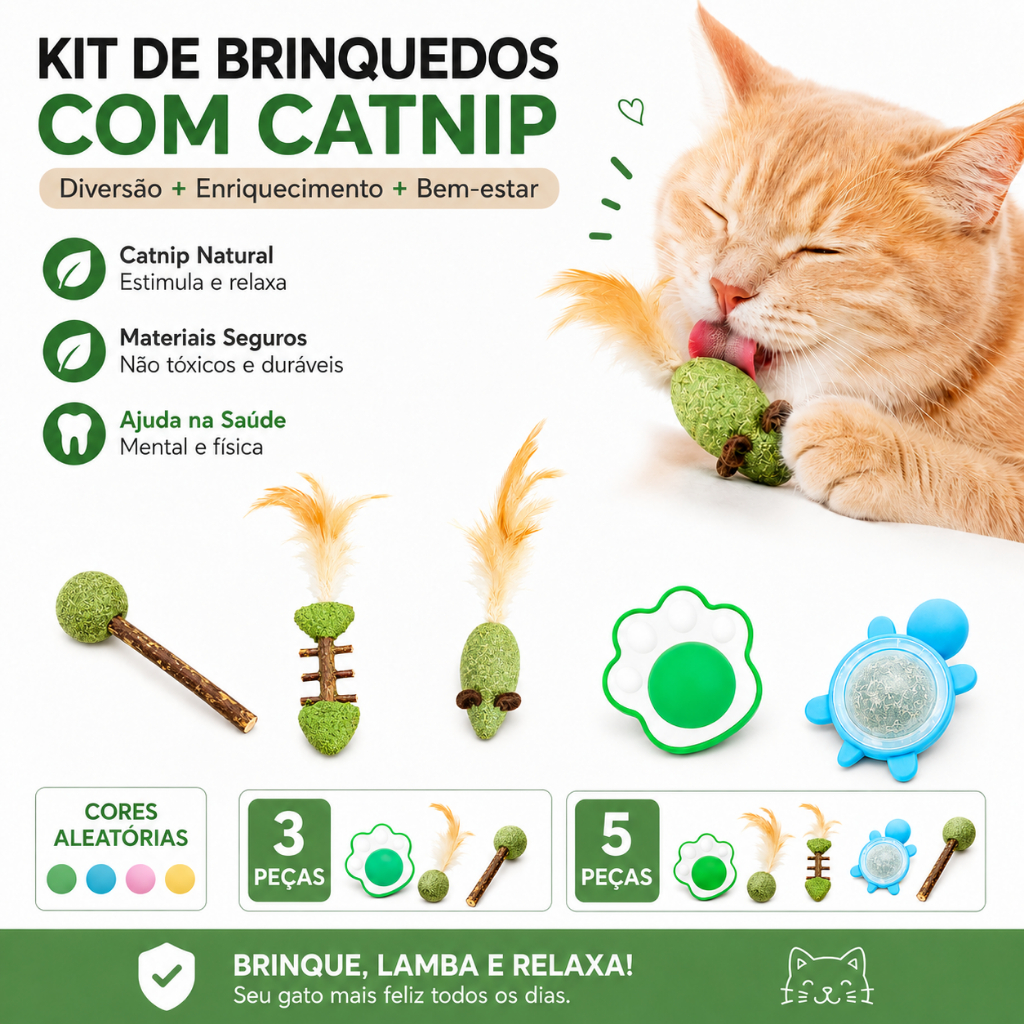 Kit 3/5 Brinquedos para Gatos com Catnip Natural | Mordedor Interativo | Modelos Fixos | Cores Aleatórias