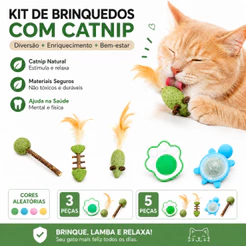 Kit 3/5 Brinquedos para Gatos com Catnip Natural | Mordedor Interativo | Modelos Fixos | Cores Aleatórias