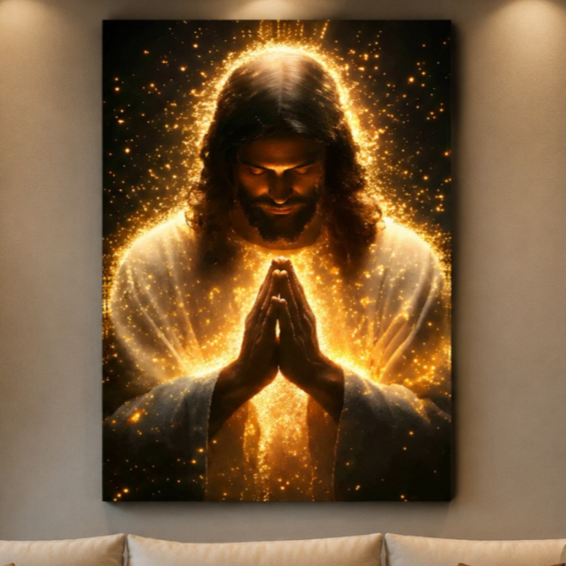 Quadro Decorativo Jesus Orando com Luz Dourada MDF Decoração Religiosa Sala Quarto Escritório