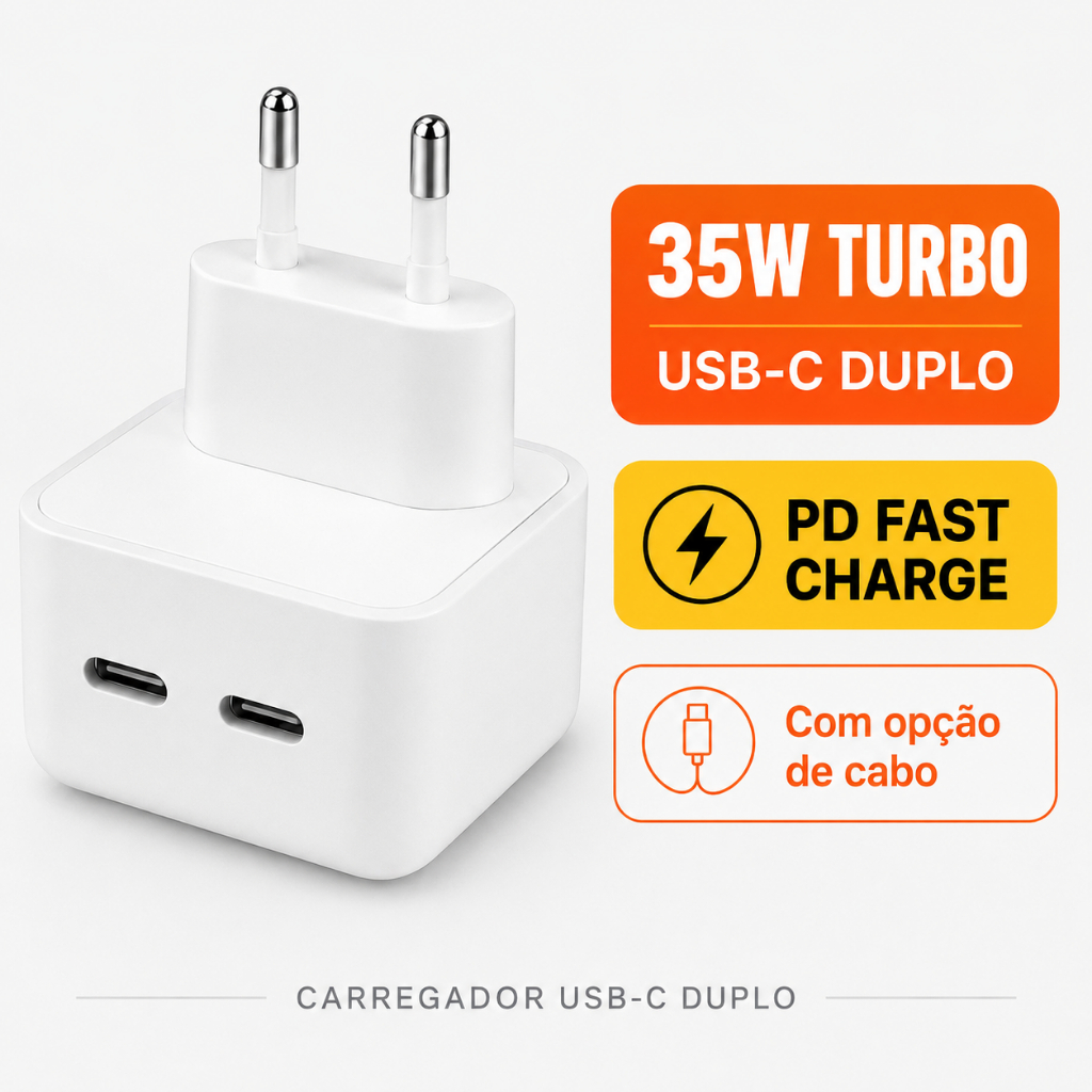 Carregador Turbo 35W USB C Duplo Tipo C PD Carregamento Rápido para iPhone Samsung Xiaomi Android