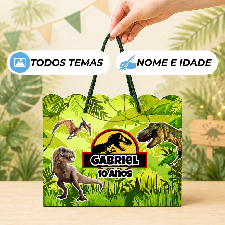 Kit 10 Sacolinhas Tema Dinossauro Jurassic, Personalizadas para Lembrancinhas