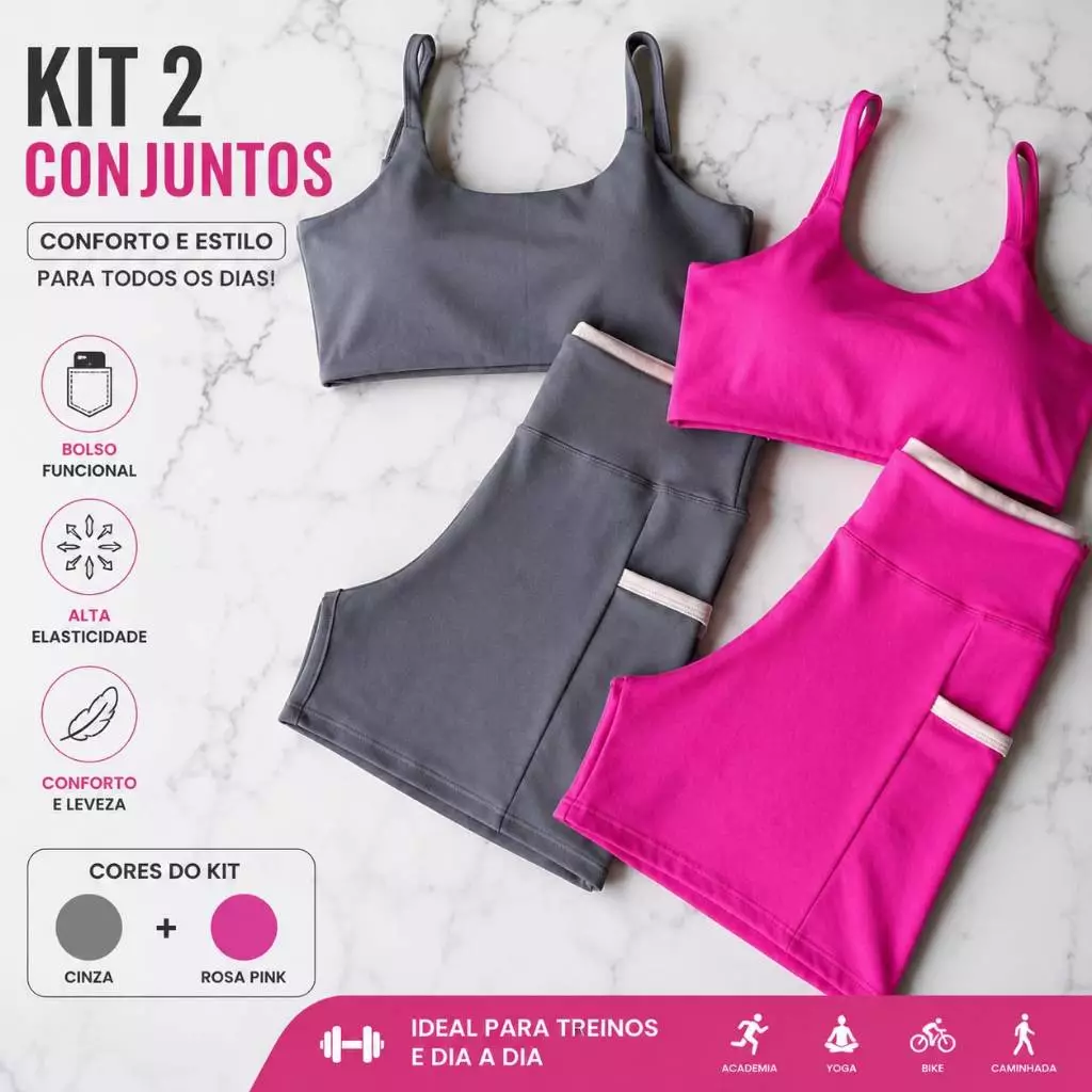 Kit 2 Conjunto Line Top Costas Abertas Nua Bojo Shorts Bolso Lateral Cintura Alta FItness Academia — imagem 1