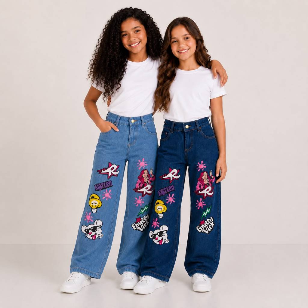 Calça Jeans Infantil Wide Leg Emily Vick com Regulador Interno Feminina Premium 4 ao 16