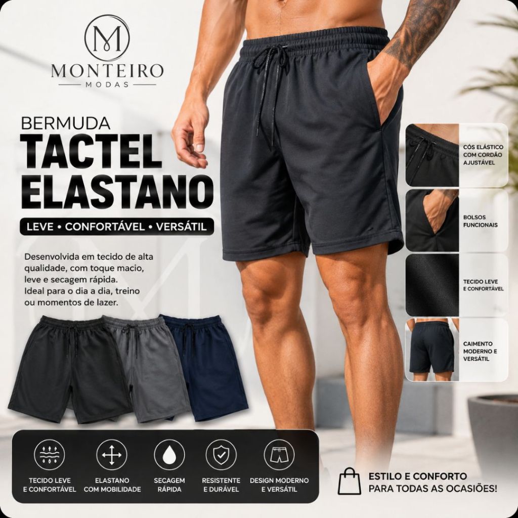 Bermuda Masculina Tactel Premium com Elastano Academia Praia Corrida Treino Secagem Rápida