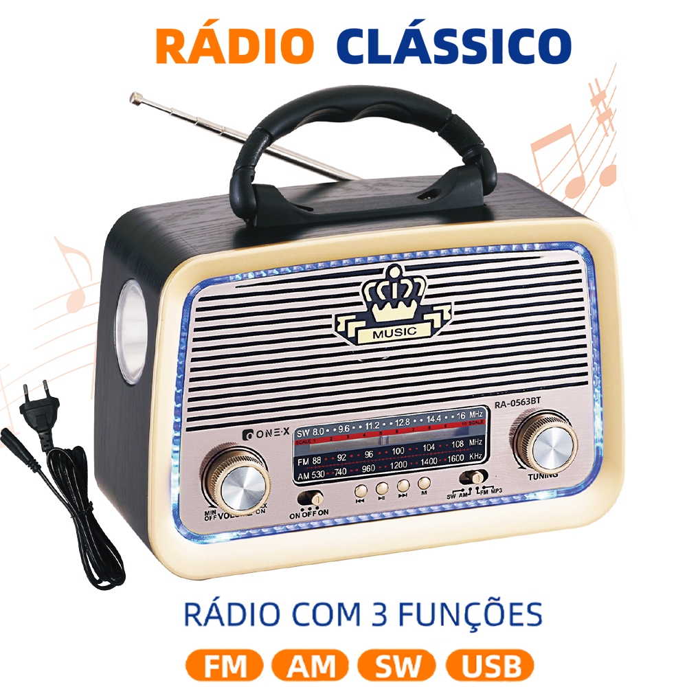 Rádio Vintage Portátil FM AM SW com Alto-falante Bluetooth USB SD TF Lanterna Recarregável