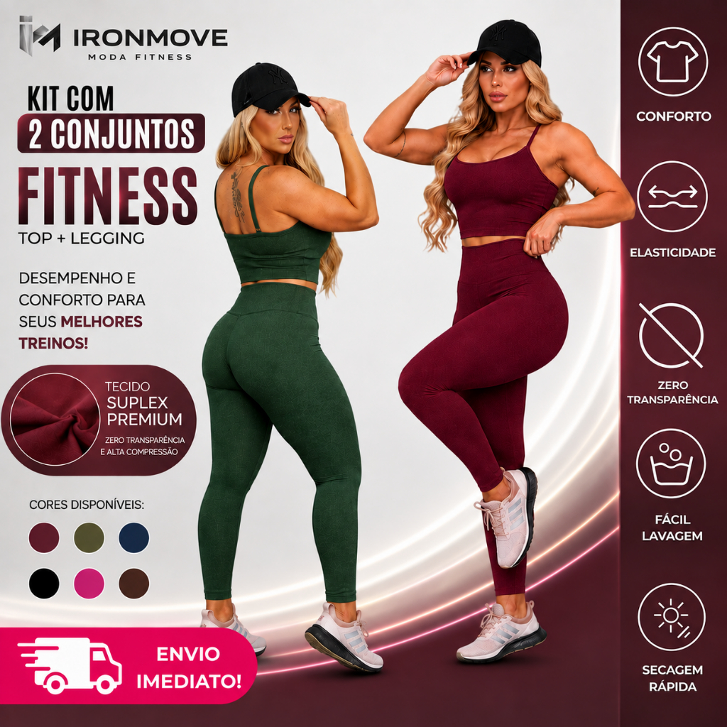 KIT COM  2 CONJUNTOS Academia Feminino Legging + Top Suplex Premium Zero Transparência Academia Cintura Alta Compressão