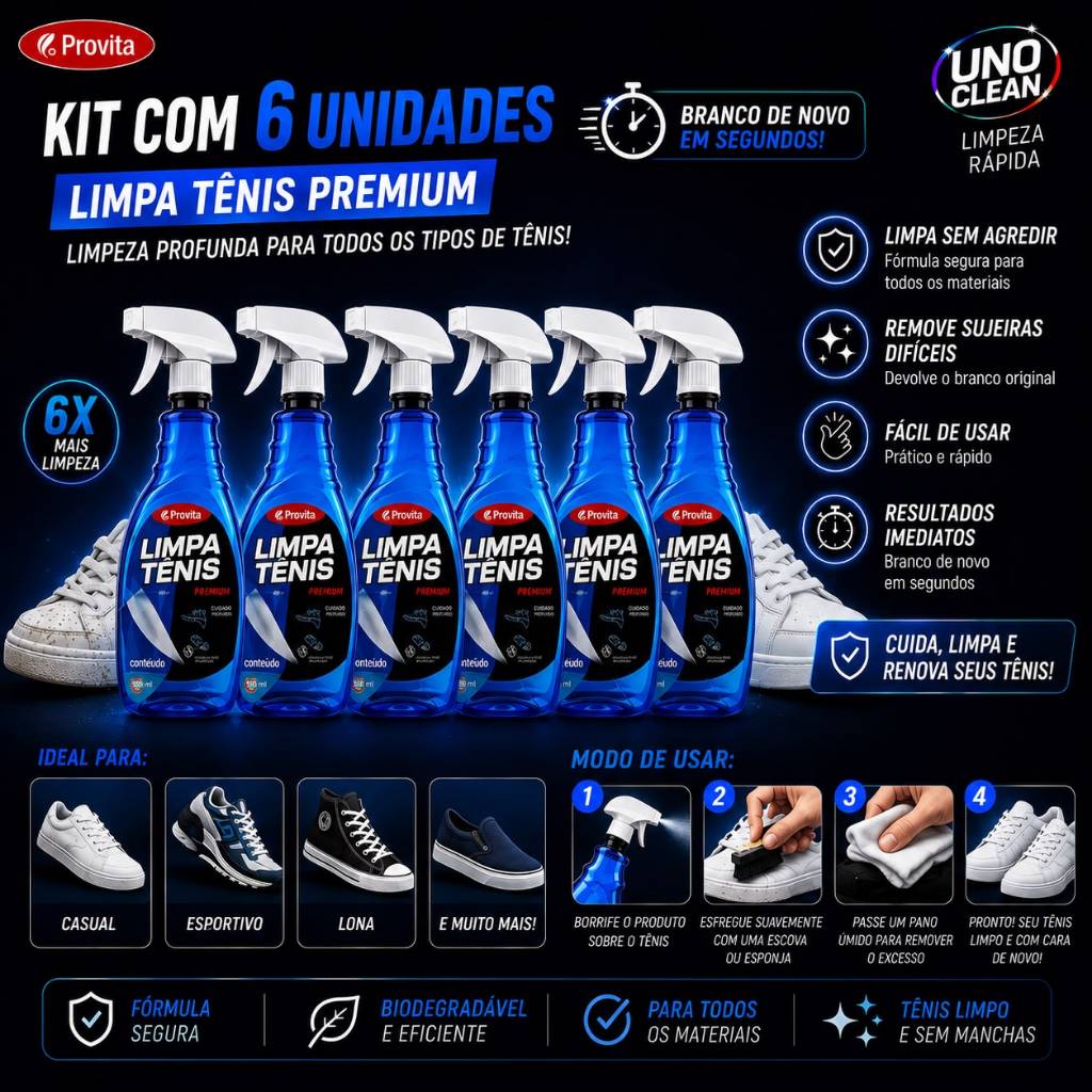 Kit com 6 Limpa Tênis Spray 500ml Limpeza Profunda Limpa Sapato Branco Sola Camurça Couro Provita