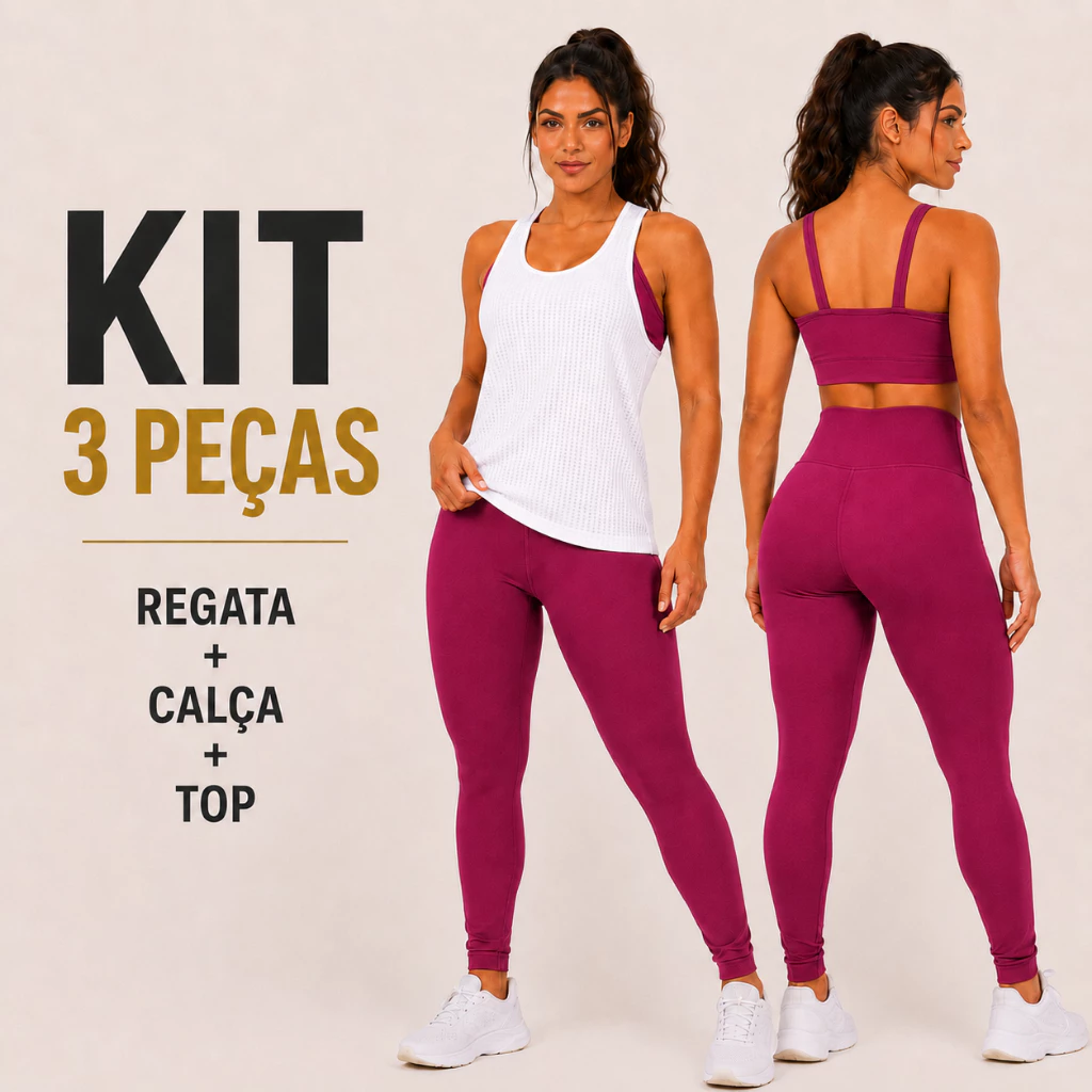 KIT 3 Conjuntos Feminino Fitness Completo Com Regata Calça Legging E Top Para Academia P Ao GG — imagem 1