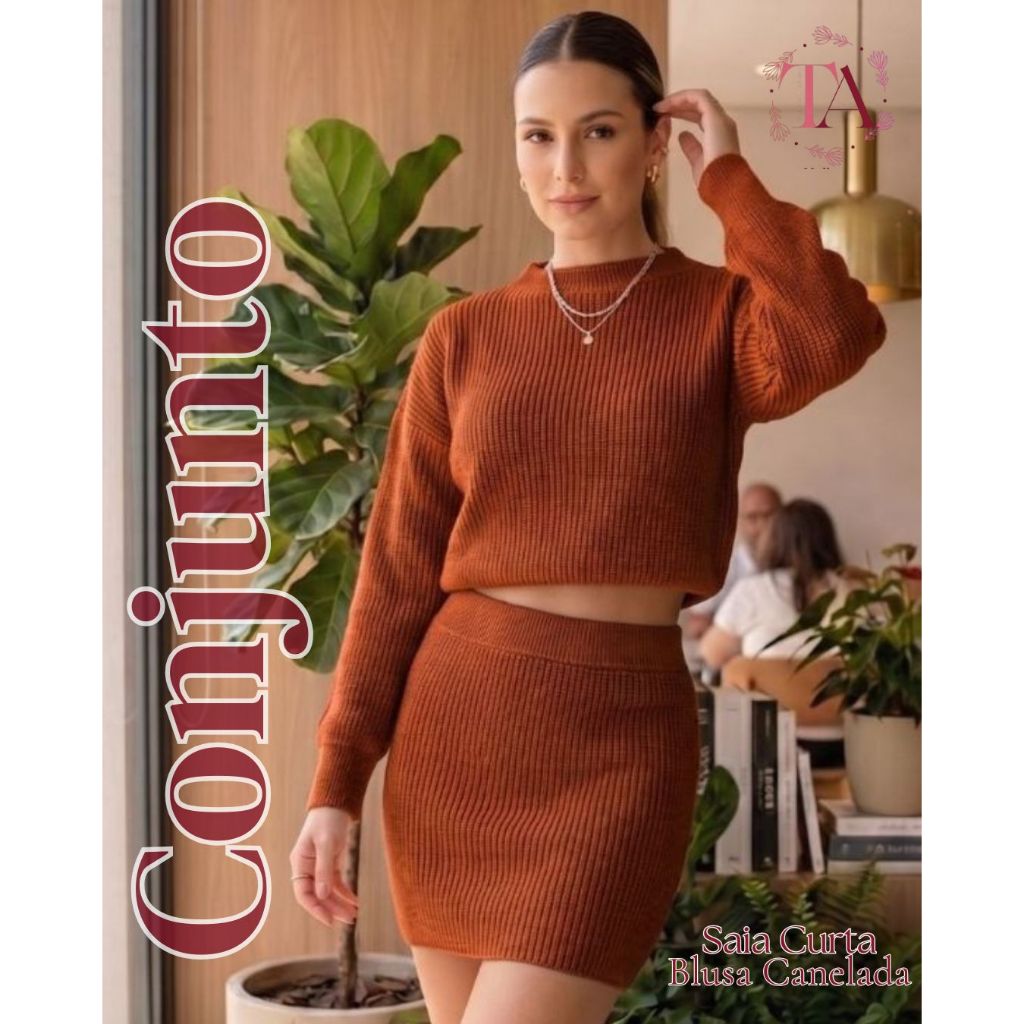 Conjunto Feminino Tricot Blusa Manga Longa Fang e Saia Curta Cintura Alta Canelada Tricô Casual