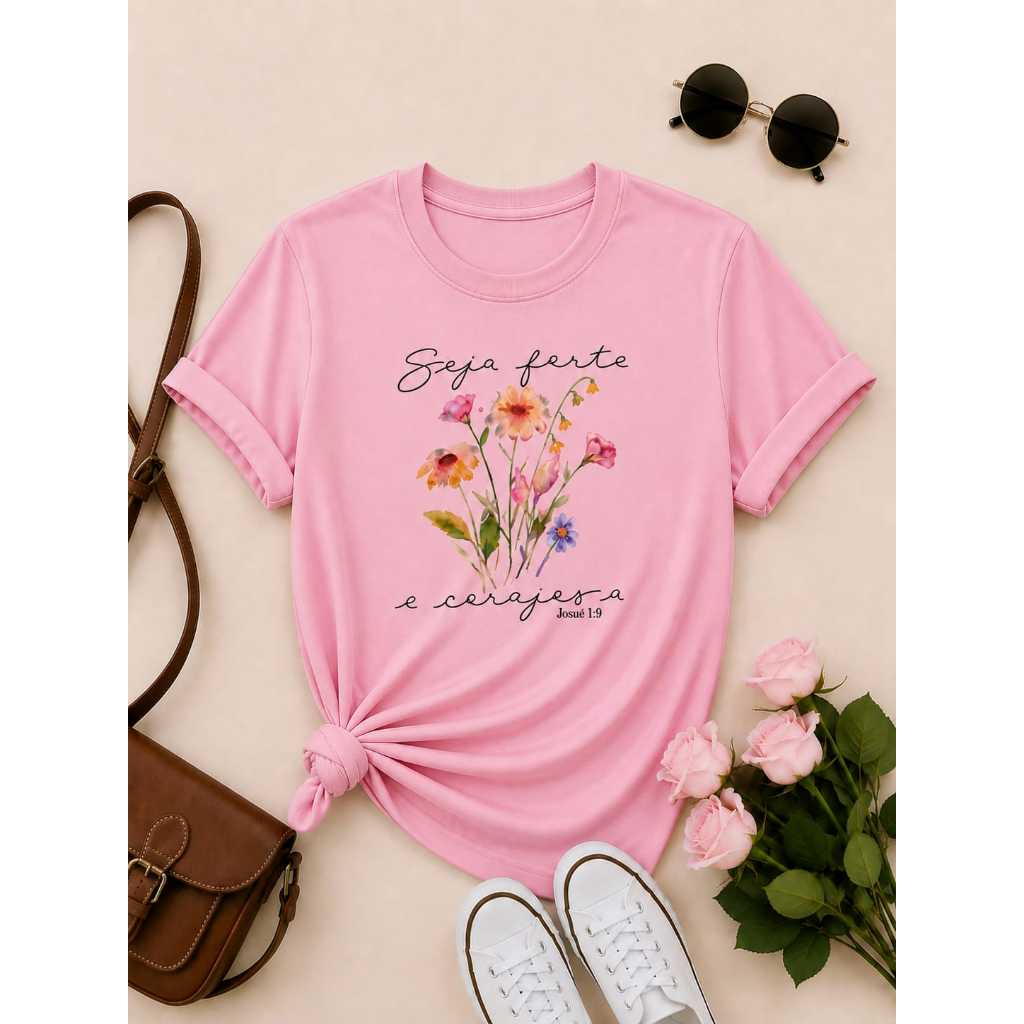 Camiseta Feminina Cores Variadas Estampa Flores Delicadas T-shirt Fofa 100% Algodão Premium Casual Confortável Estilosa