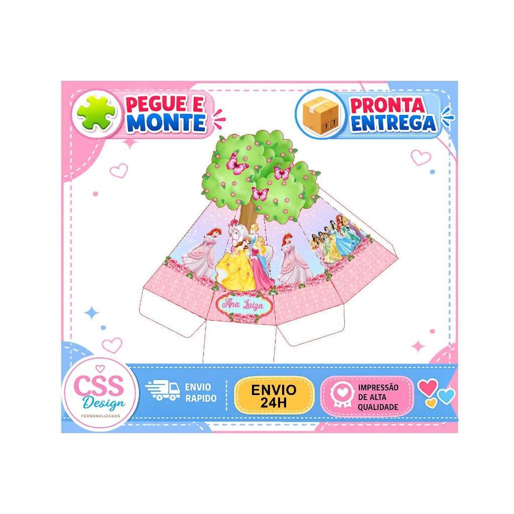 Caixa Pirâmide Pegue e Monte Princesas Disney | Lembrancinha Festa Infantil | Personalizada