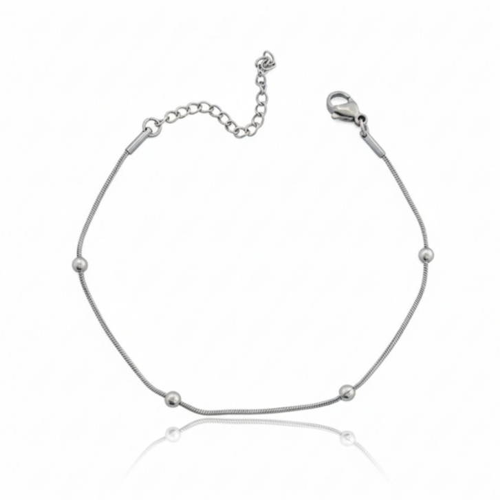 Pulseira Feminina em Aço Inoxidável Prateado Rabo de Rato com Bolas Prata Não Escurece