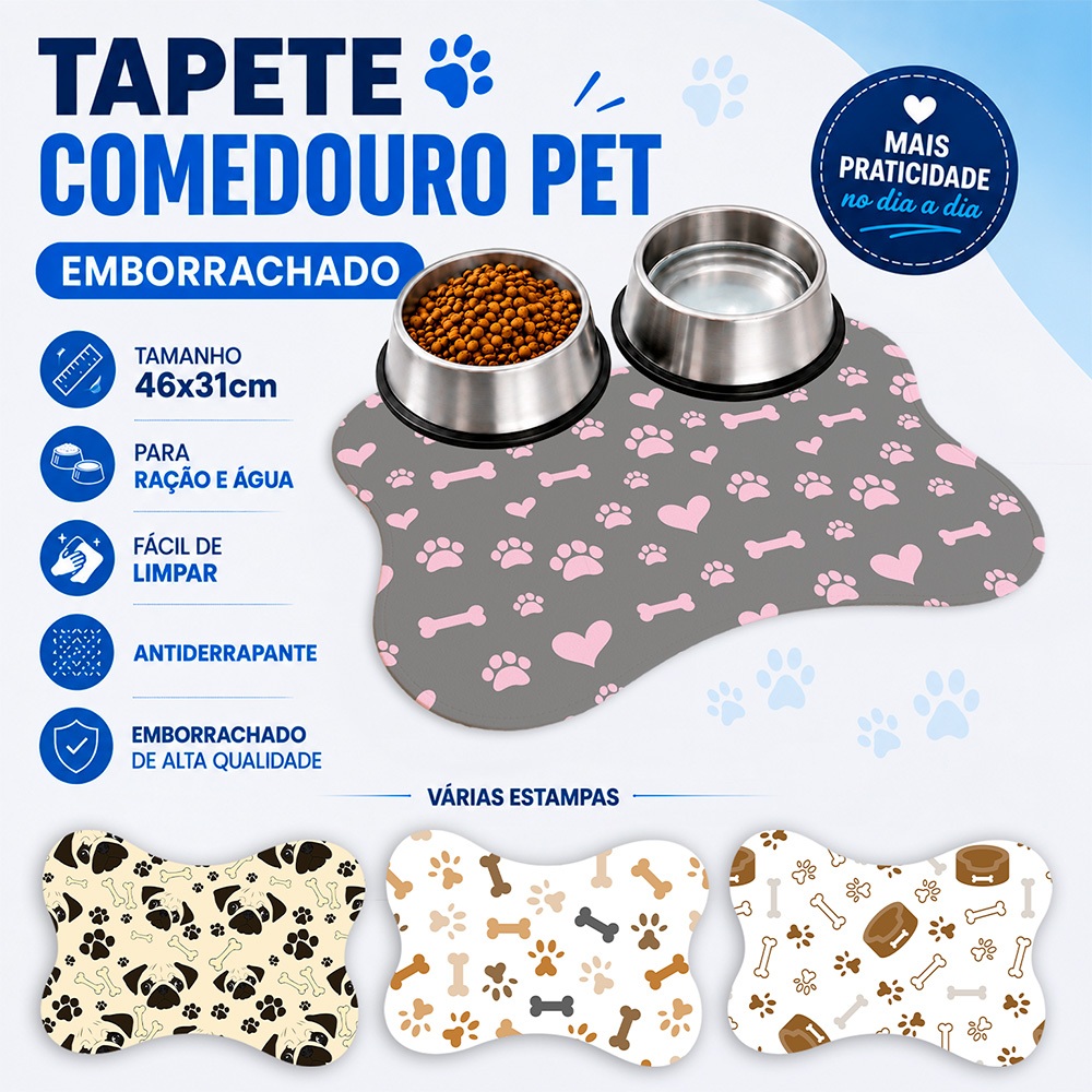 Tapete para Comedouro Pet Ossinho Impermeável Cachorro e Gato 46x31 Antiderrapante