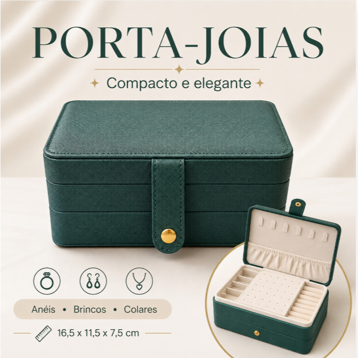 Caixa Organizadora de Joias Verde Portátil com Divisórias para Anéis Brincos Colares e Acessórios Femininos Luxo