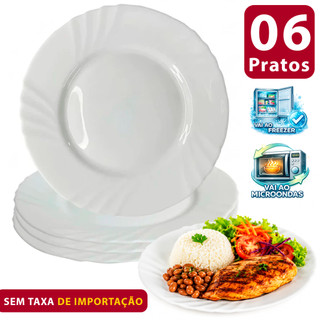 Jogo kit 06 Pratos Raso em Vidro Branco Opaline 25cm Importado semelhante pétala Almoço hotel