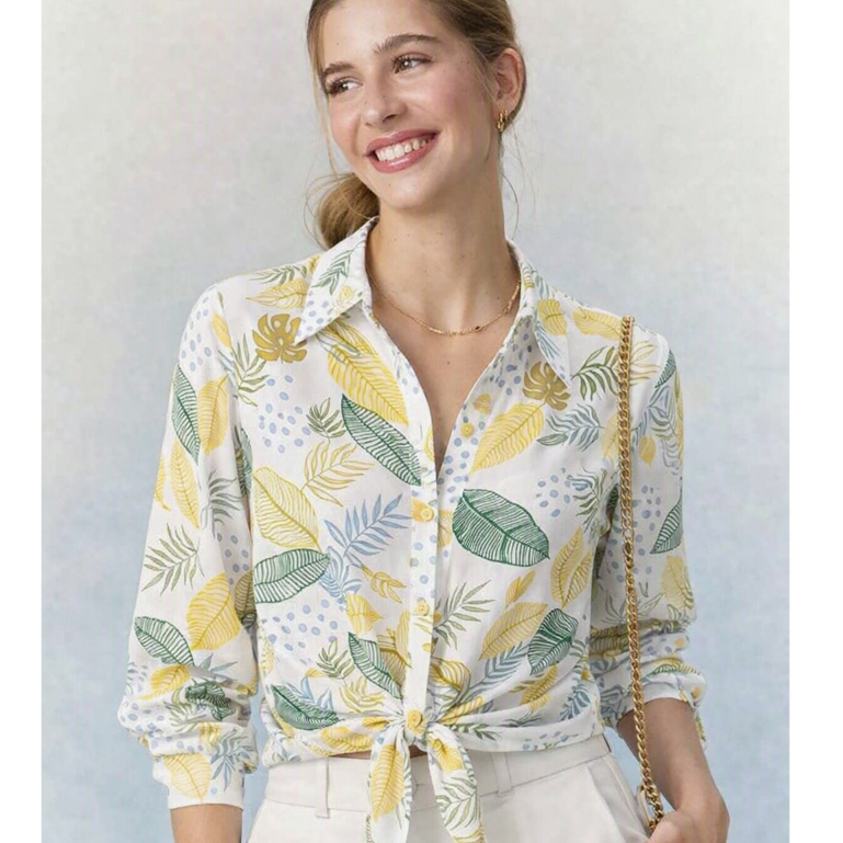 Camisa Estampado Florido de Amarrar com Gola V YJ6046