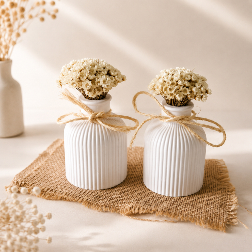 Kit 2 Vasos Arranjos Decoração Mini Flor Desidratada Completo Mesa Casamento Sala Escritório