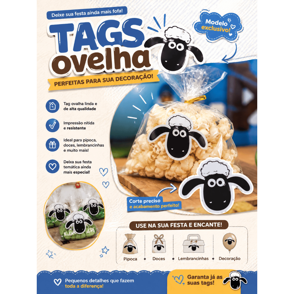 Tags Ovelhinha para Festa Infantil | Aplique para Pipoca, Doces e Lembrancinhas | Personalizado