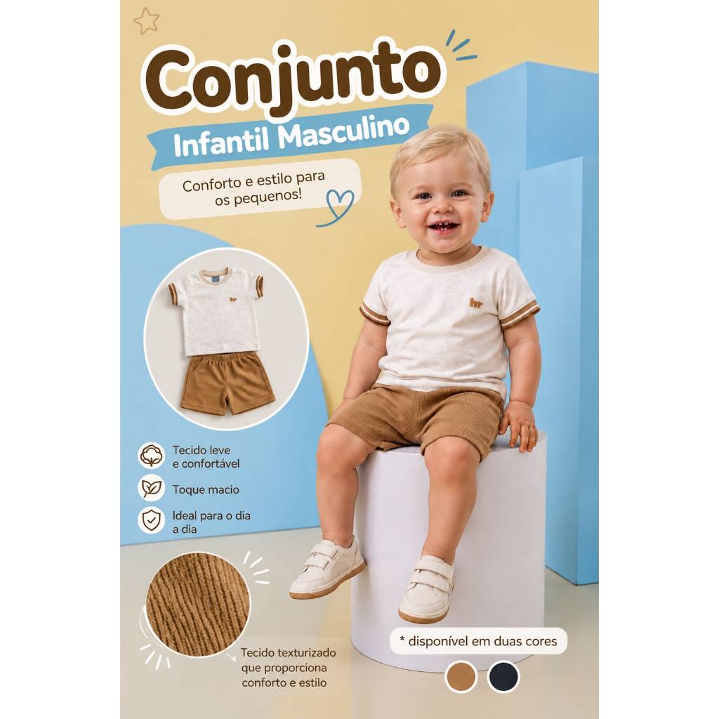 Conjunto Infantil Menino Bebê Camisa Off-White com Detalhe Estiloso na Manga e Bermuda Texturizada Moda Blogueirinho