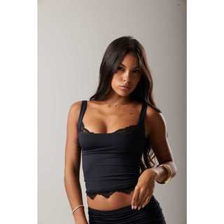 Regata Feminina Poliamida com Renda Top Alcinha Moda Gringa Cropped Tendência 2026