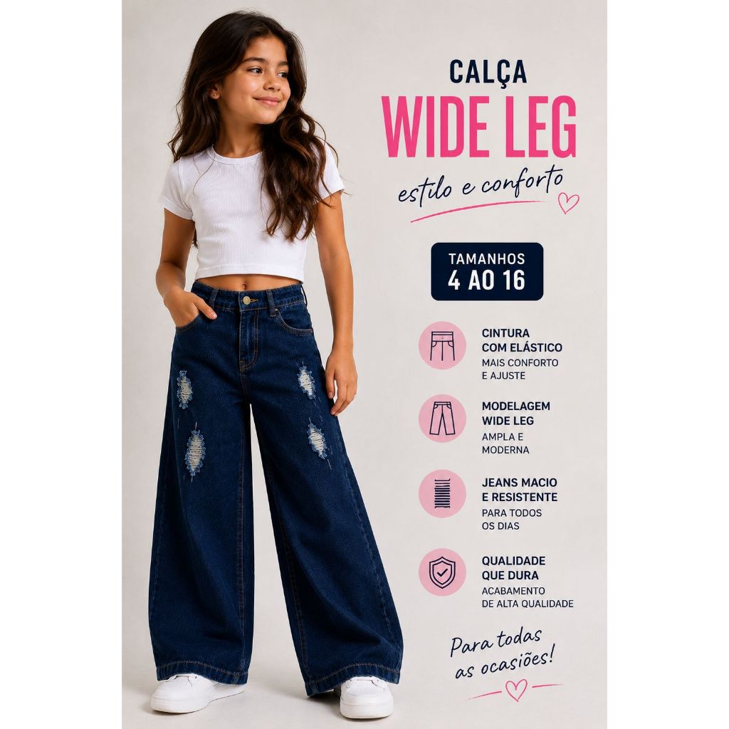 Calça Wide Leg Jeans Feminina Infantil Juvenil Tamanho 4 ao 16 Premium