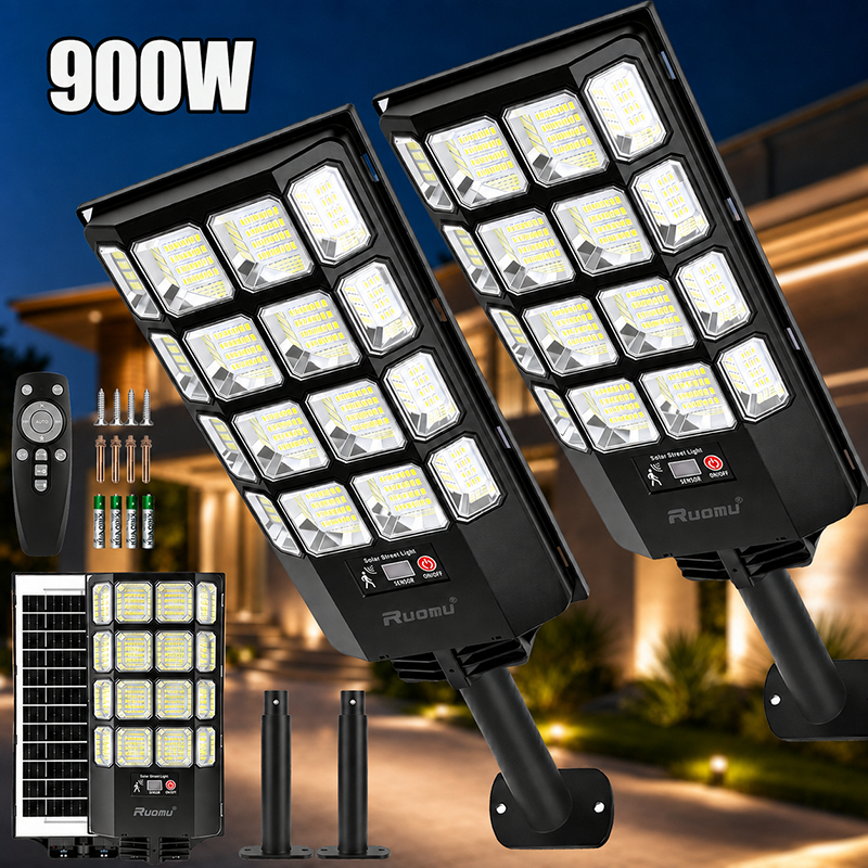 2PCS luminária solar externa 900W controle remoto Sensor de movimento lâmpada solar