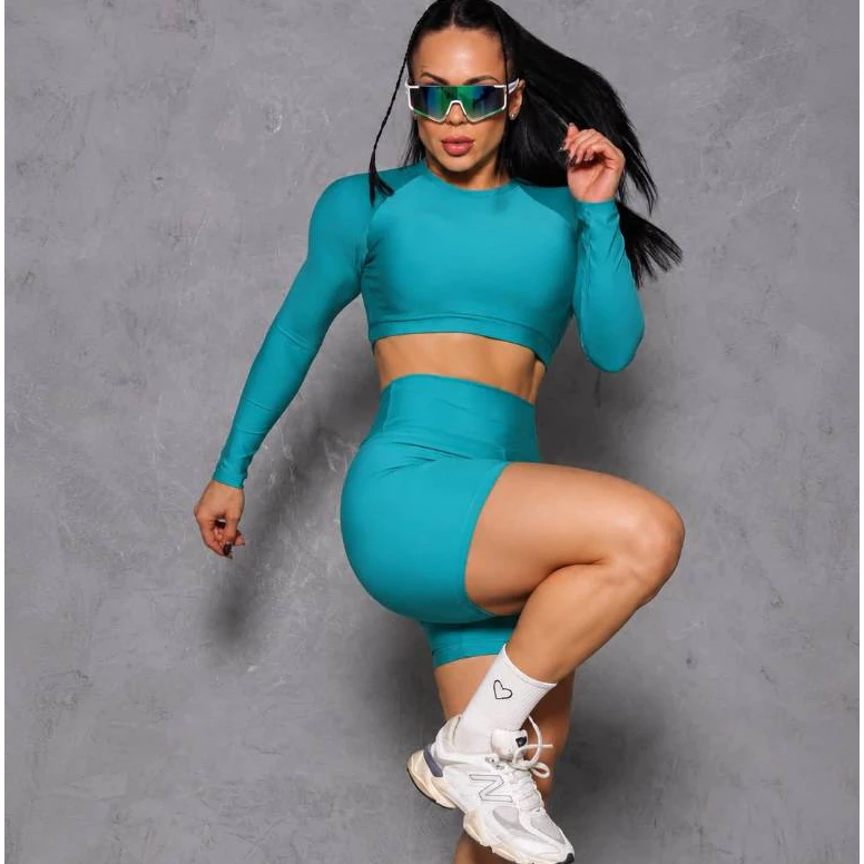 Conjunto Bermuda Short curto fitness Top Croped Manga Longa blusinha Treino Fitness Crossfit Corrida