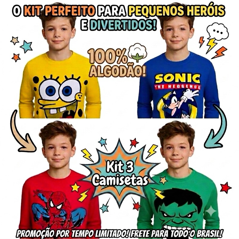 Kit 3 Camisetas Masculina Infantil Personagem Super Heróis Manga Longa Menino Inverno 100% Algodão