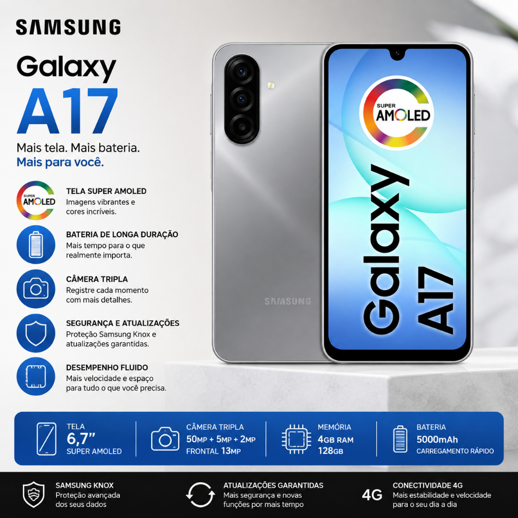 Smartphone Samsung Galaxy A17 4G 128GB Cinza Tela Super AMOLED 6,7" Câmera 50MP OIS 5000mAh Original