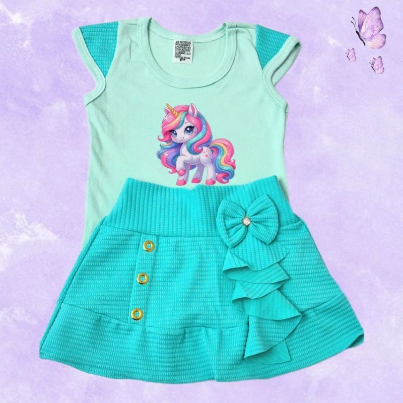Blusinha e SAIA cor VERDE Infantil kit Moda verão Confortavel Menina Estampa Aleatoria