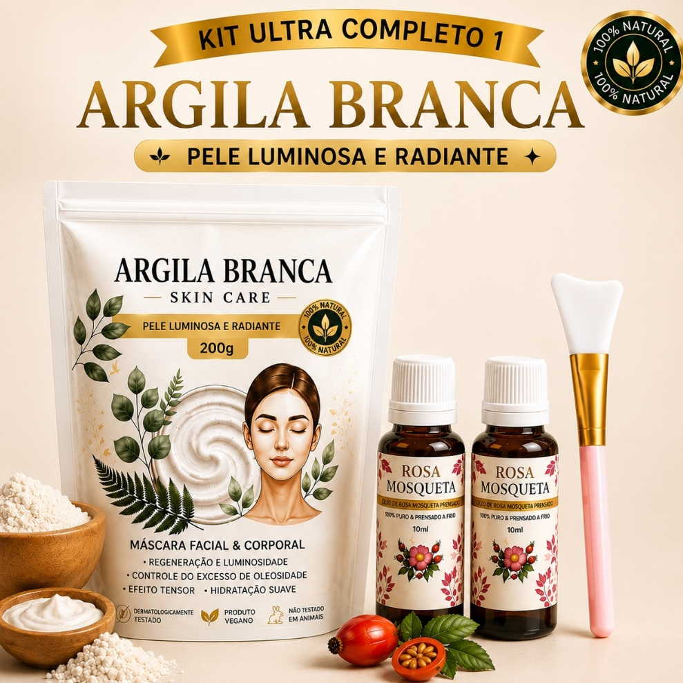 KiT Argila Branca hidratante facial + Oleo de Rosa mosqueta 100% Puro Máscara Skin Care completa