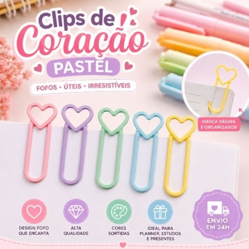 20Clips de Papel Coração - organização e delicadeza - papelaria fofa