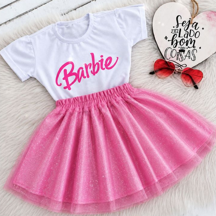 Conjunto Blusa e Saia de Glitter Rosa Para Meninas