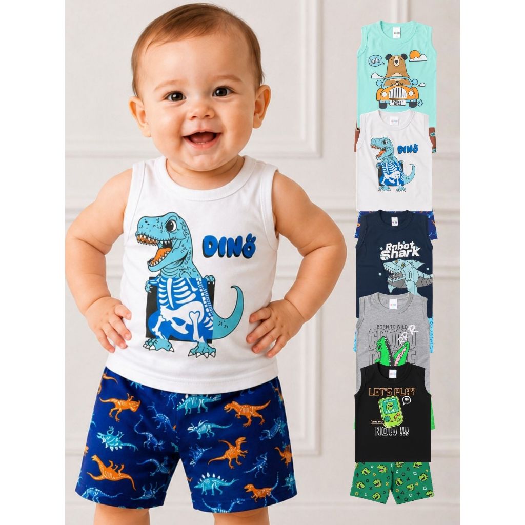 Kit 2 Conjuntos Regata E Shorts Masculino Bebê Infantil Estampado Cores Vivas