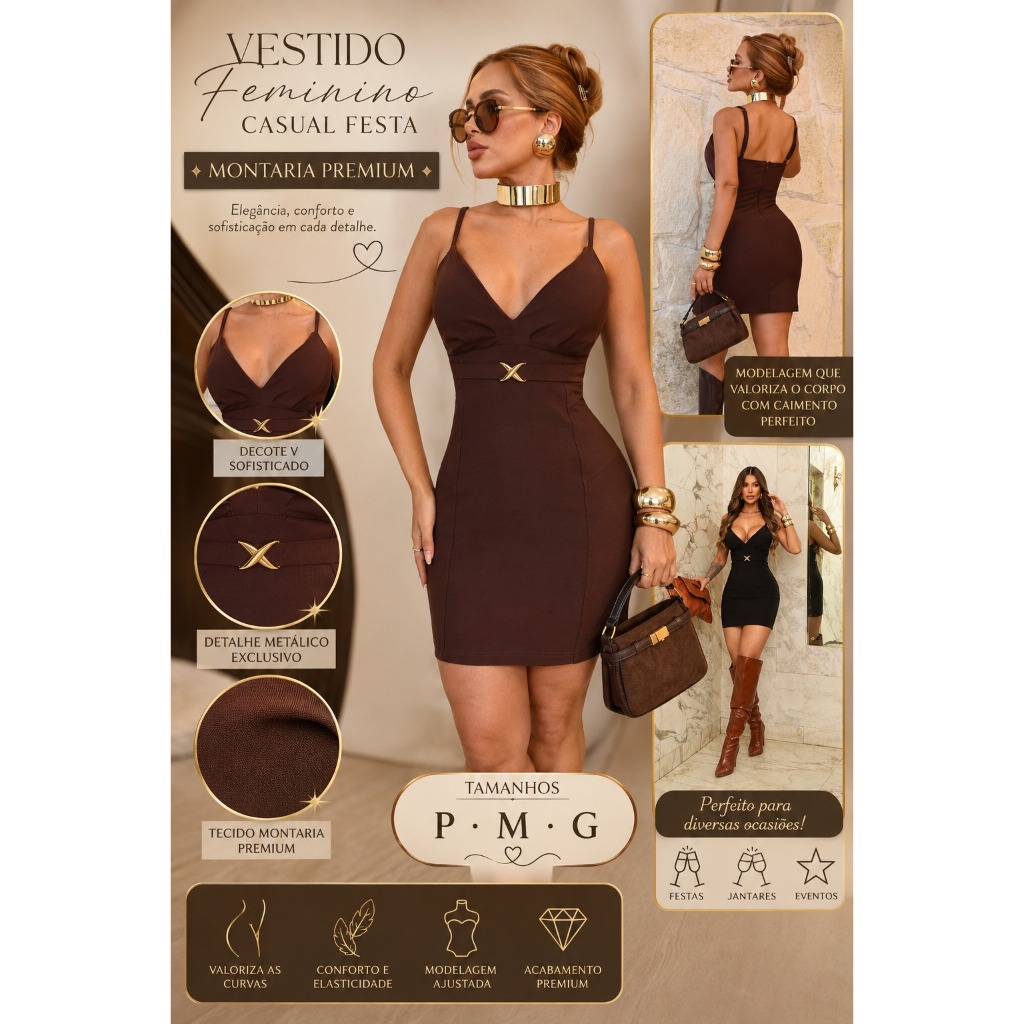Vestido Feminino Festa Casual con Detalhe na Cintura fivela em Montaria Premium