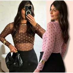 Body Feminino Tule Poá Manga Longa De Bolinhas Moda Gringa Gola Redonda Elegante